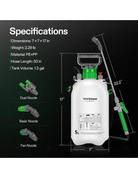 Pulverizador de Bomba VIVOSUN 5L con 3 Boquillas Ajustables