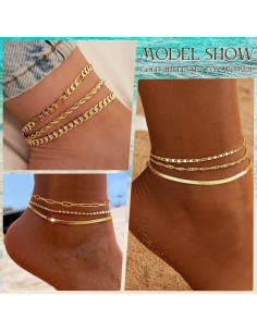 Conjunto de Pulseras de Tobillo de Oro 14K para Mujeres 5pc 2