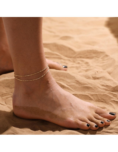 Brazalete de Tobillo MIDEEO Oro 14K 2 Capas Ajustable Mujeres