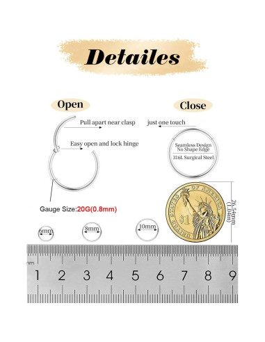 Aros de Nariz Hipoalergénicos 316L Acero Inoxidable 20G