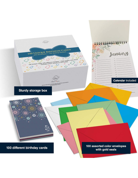 Dessie 100 Tarjetas de Cumpleaños Únicas con Sobres y Sellos