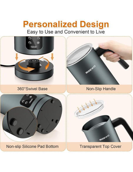 Espumador de Leche Eléctrico BIZEWO AROMA-F2 300ml Acero Inoxidable