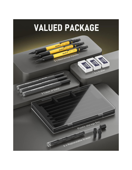 Conjunto de Lápices Mecánicos Nicpro 3 PCS 1.3 mm con 72 Recargas