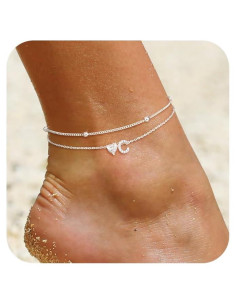 Tobilleras de Plata con Iniciales y Corazón NECOCY - 21.6 cm