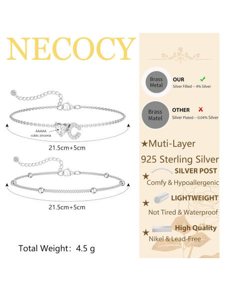 Tobilleras de Plata con Iniciales y Corazón NECOCY - 21.6 cm