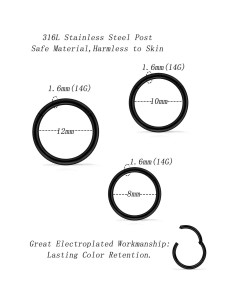 3 Pares Aros Nasales 316L Acero Quirúrgico Negro 14G 2