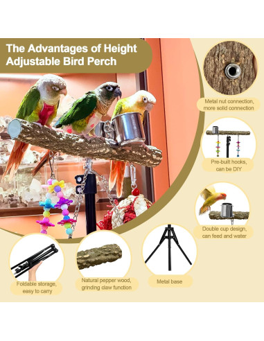 Perch para Aves Arfubye Ajustable 40-160 cm con Tazas y Juguete