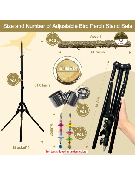 Perch para Aves Arfubye Ajustable 40-160 cm con Tazas y Juguete Perch para Aves Arfubye Ajustable 40-160 cm con Tazas y Juguete