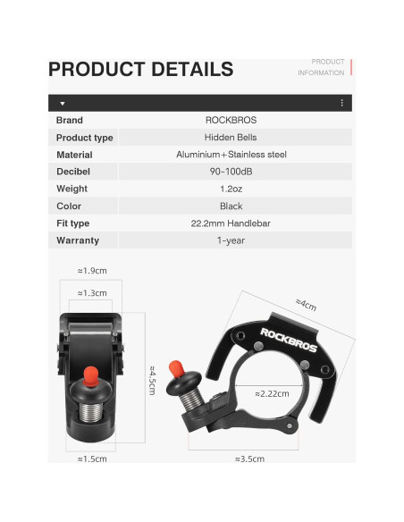 Timbre de bicicleta ROCKBROS oculto 100dB para manillar 22.2mm