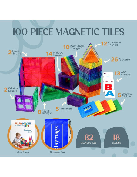Playmags Set de Azulejos Magnéticos 100 Piezas para Niños 1-5 Años