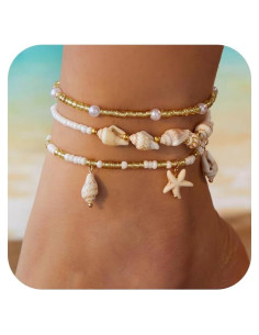 Pulsera de Tobillo Ajustable Qceasiy con Perlas Doradas 19-26 cm