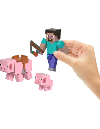 Figuras de Acción Minecraft Mattel - Steve y Cerdos, 8.26 cm
