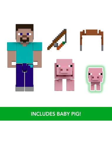 Figuras de Acción Minecraft Mattel - Steve y Cerdos, 8.26 cm