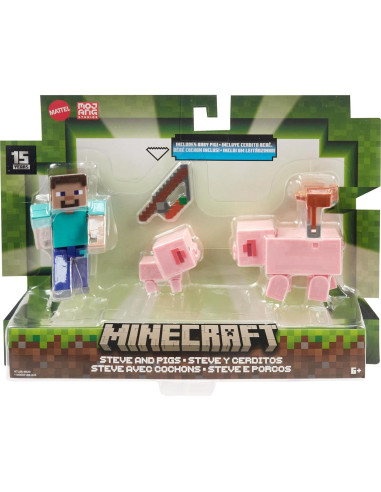 Figuras de Acción Minecraft Mattel - Steve y Cerdos, 8.26 cm