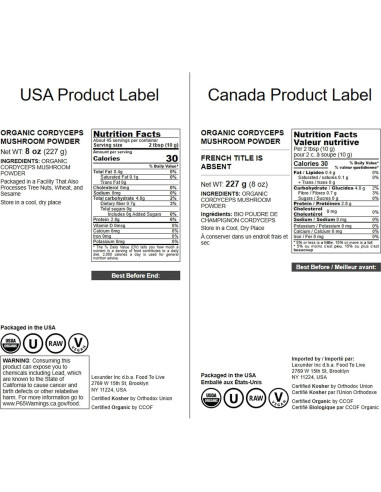 Polvo de Hongo Cordyceps Orgánico Food to Live 227g - Vegano, Kosher