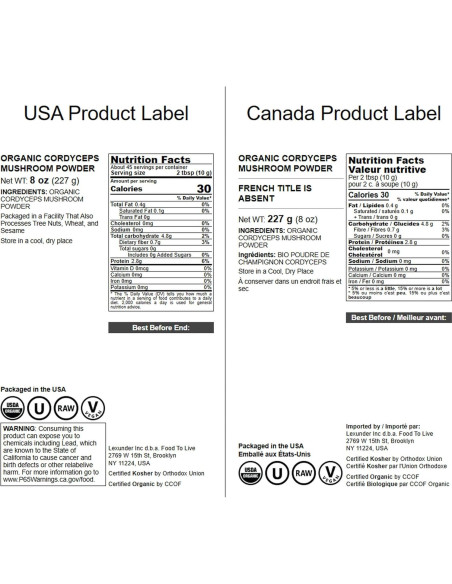 Polvo de Hongo Cordyceps Orgánico Food to Live 227g - Vegano, Kosher