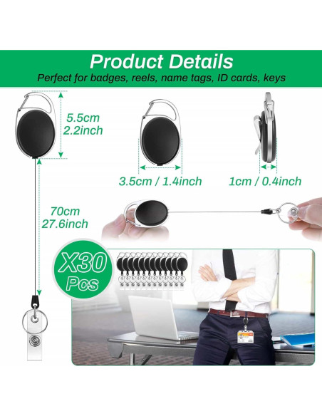 30 Sujetadores de Identificación Retráctiles Selizo Negro