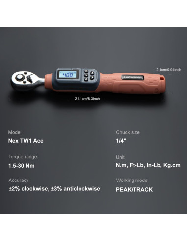 Llave de Torque Digital GROWNEER 1/4'' 1.5-30 Nm con Accesorios