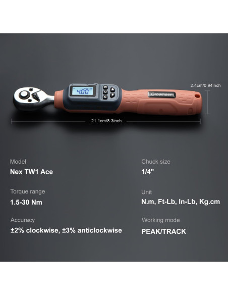 Llave de Torque Digital GROWNEER 1/4'' 1.5-30 Nm con Accesorios