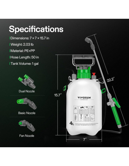 Pulverizador de Bomba VIVOSUN 4L con 3 Boquillas y Correa