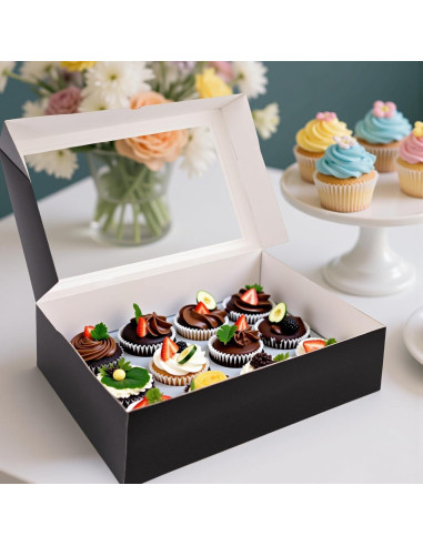 Cajas de Cupcakes VGOODALL 6PCS con Ventana Negras 33.5x24.9cm