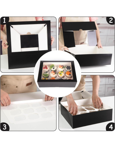 Cajas de Cupcakes VGOODALL 6PCS con Ventana Negras 33.5x24.9cm