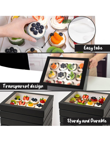 Cajas de Cupcakes VGOODALL 6PCS con Ventana Negras 33.5x24.9cm