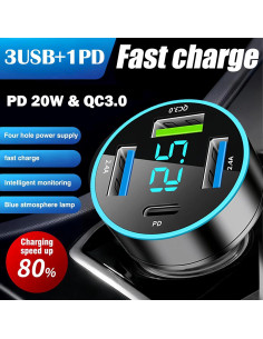 Cargador de Coche USB C AGEK 4 Puertos 20W PD QC 3.0 Negro 2