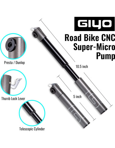 Bomba de Bicicleta GIYO GM04 - Válvula Presta, 120 PSI, Ligera