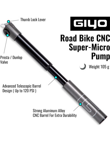 Bomba de Bicicleta GIYO GM04 - Válvula Presta, 120 PSI, Ligera