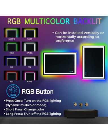 Espejo de Baño LED ARUMMA 76x51 cm Cuadrado RGB Iluminado