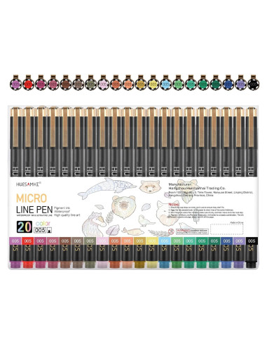 Set de 20 Micro Pen Huesamhi Tinta Impermeable 0.20mm
