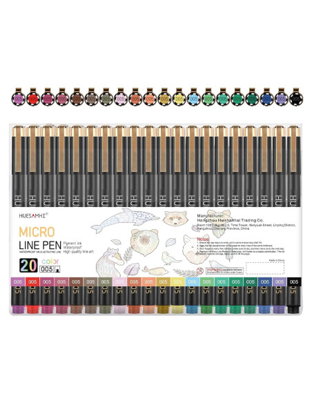 Set de 20 Micro Pen Huesamhi Tinta Impermeable 0.20mm