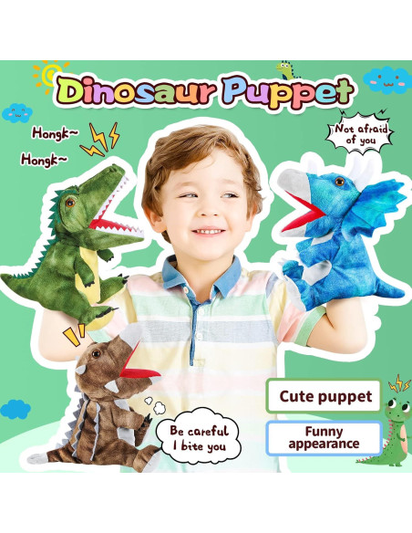 3 Marionetas de Mano de Dinosaurio de Peluche Noetoy 26.67 cm