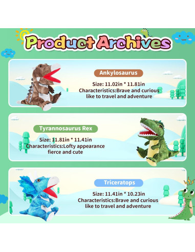 3 Marionetas de Mano de Dinosaurio de Peluche Noetoy 26.67 cm