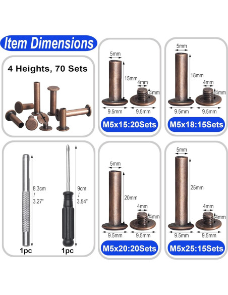 70 Tornillos Chicago Cobre Antiguo M5 para Artesanías de Cuero