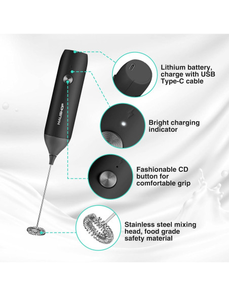 Espumador de Leche Eléctrico HAUSHOF Recargable USB-C Negro
