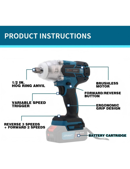 Llave de Impacto Inalámbrica JOVANT 20V 1000Nm 5 Modos