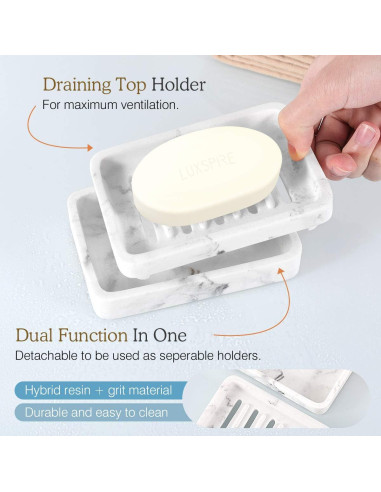 Bandeja para Jabón Luxspire Doble Capa Resina Mármol Blanco