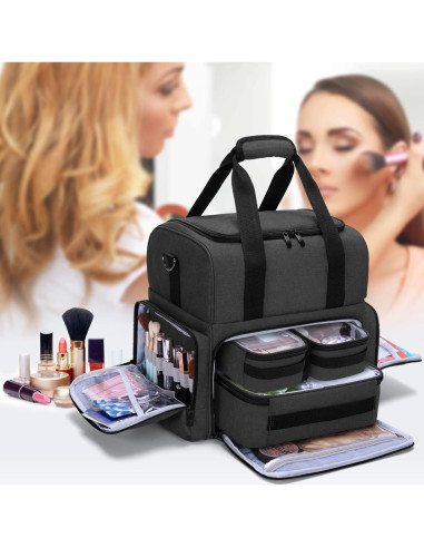 Bolsa de Maquillaje de Viaje BAFASO Grande 2 Capas Negra