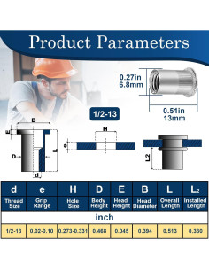 Tuerca remachada 12mm-13 UNC Vifmy 10 Pcs Acero Inoxidable 304 2