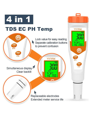 Probador de pH y EC 4 en 1 YINMIK YK-4 para Hidropónicos