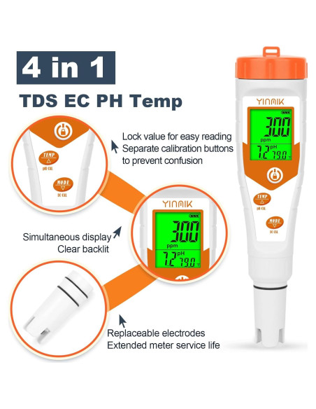 Probador de pH y EC 4 en 1 YINMIK YK-4 para Hidropónicos