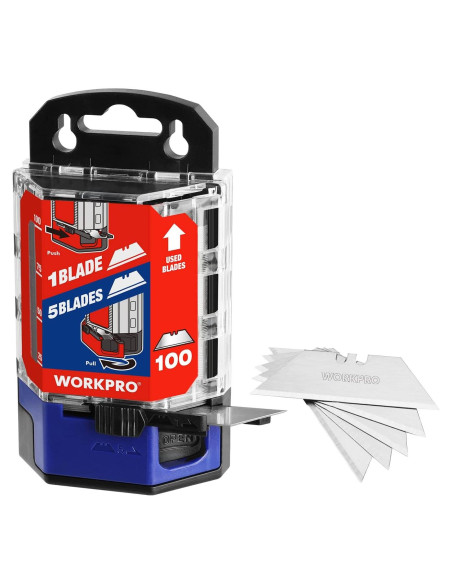 Cuchillas Utility WORKPRO 100 Piezas Acero SK5 Dispensador