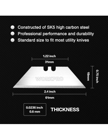 Cuchillas Utility WORKPRO 100 Piezas Acero SK5 Dispensador