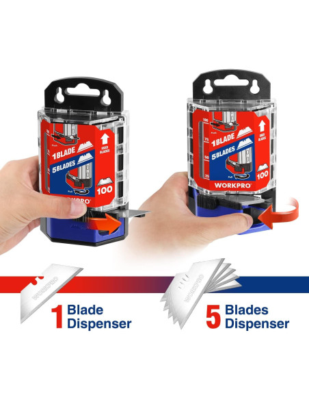 Cuchillas Utility WORKPRO 100 Piezas Acero SK5 Dispensador