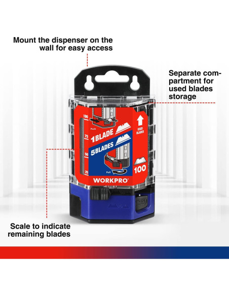 Cuchillas Utility WORKPRO 100 Piezas Acero SK5 Dispensador