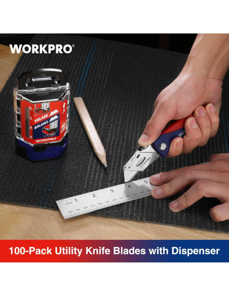 Cuchillas Utility WORKPRO 100 Piezas Acero SK5 Dispensador