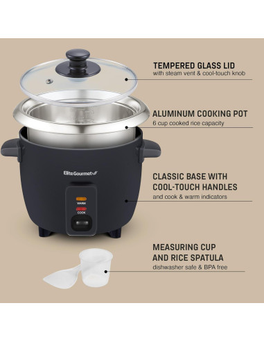 Cocinero de Arroz Eléctrico Elite Gourmet ERC003B 6 Tazas Negro