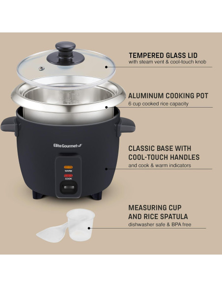 Cocinero de Arroz Eléctrico Elite Gourmet ERC003B 6 Tazas Negro